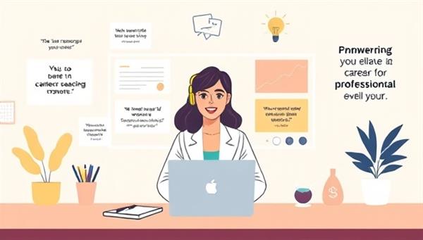 A professional digital illustration of a virtual career coaching session, featuring a career coach providing advice and career strategies to a client through a virtual platform, surrounded by job search resources, motivational quotes, and success stories, empowering clients to elevate their career paths and achieve professional growth.