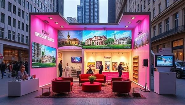 A vibrant and stylish pop-up showroom setup in a bustling city square, featuring large digital screens displaying property listings, cozy seating areas for consultations, and interactive VR stations for virtual tours, creating a dynamic real estate experience.