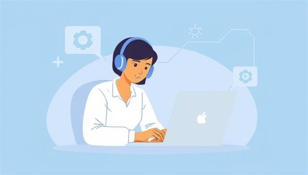 A modern and sleek illustration of a tech support specialist remotely assisting a client with a laptop glitch, showcasing a seamless virtual support experience with a focus on efficiency and problem-solving.