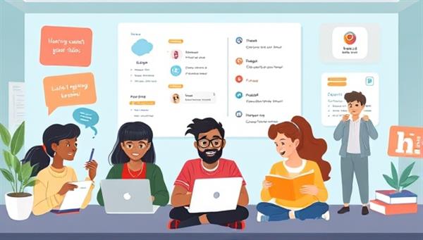 An engaging digital illustration of diverse characters engaging in language learning activities on a virtual platform, showcasing interactive challenges and fun language exercises, emphasizing a dynamic and immersive learning experience.