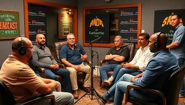 An image of a podcast recording studio with podcasters and local business owners collaborating on sponsored content.