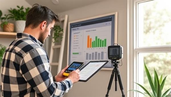 A professional conducting a home energy audit with specialized equipment, analyzing energy consumption patterns and identifying areas for improvement, highlighting the importance of sustainable living and energy conservation.