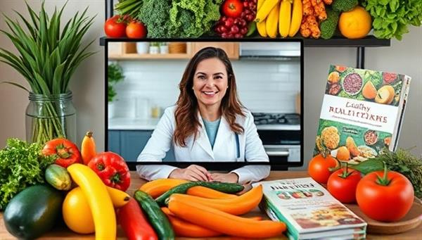 An engaging visual representation of a virtual nutrition coaching session, featuring a dietitian discussing meal plans and nutritional goals with a client through a video call, surrounded by fresh produce and healthy recipe books, conveying health and vitality.