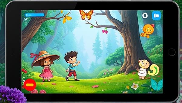 An animated scene from the interactive storytelling app, showcasing colorful characters in a magical forest setting, with interactive elements like puzzles and story choices displayed on a tablet screen, captivating children