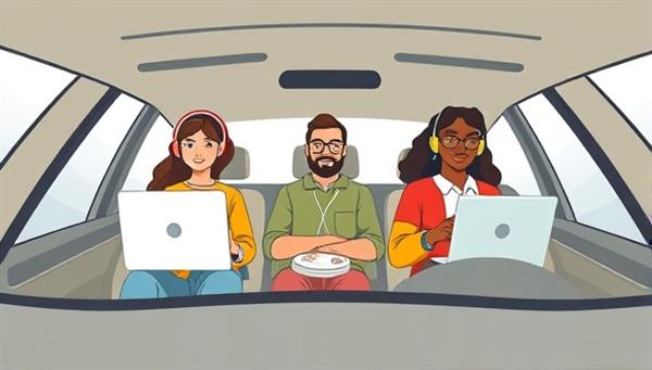 A digital illustration featuring a diverse group of remote workers sharing a virtual carpool ride, symbolizing collaboration, connectivity, and sustainable transportation in the remote work landscape.
