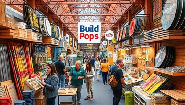 An energetic and bustling image of a pop-up marketplace filled with colorful displays of construction materials, tools, and equipment, with vendors engaging with customers and showcasing innovative products, capturing the vibrant atmosphere of BuildPop Bazaar.