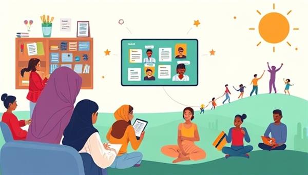 An educational platform interface showcasing diverse refugee learners accessing virtual classrooms, interactive learning modules, and digital resources, with illustrations of cultural diversity, empowerment symbols, and educational milestones, symbolizing hope and transformation through education.