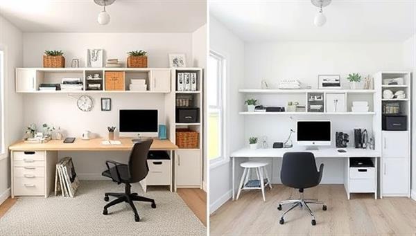 A virtual home office setup before and after the Space Harmony Virtual transformation, featuring a cluttered desk and disorganized shelves on one side, and a clean, minimalist workspace with efficient storage solutions on the other side, highlighting the impact of professional organization.