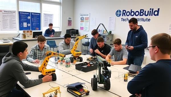 A classroom setting with students engaged in hands-on robotics training, assembling and programming construction robots under the guidance of instructors, with advanced robotic equipment and learning materials, highlighting the educational and innovative environment of RoboBuild Tech Institute.