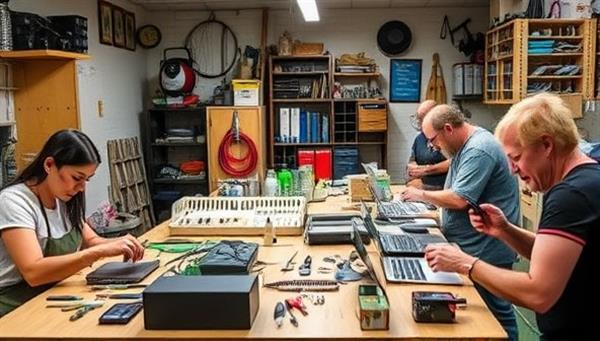 A workshop setting with customers learning to repair electronic devices, upcycling old gadgets into new products, and participating in eco-friendly tech projects, surrounded by tools, electronic components, and recycled materials, creating a sustainable and hands-on tech repair atmosphere.