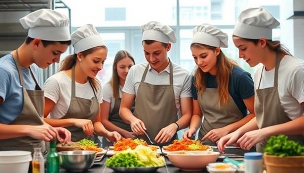 An image of a group of teenagers in aprons and chef hats, working together in a brightly lit kitchen setting, surrounded by fresh ingredients and cooking utensils, capturing the excitement and camaraderie of learning culinary skills.