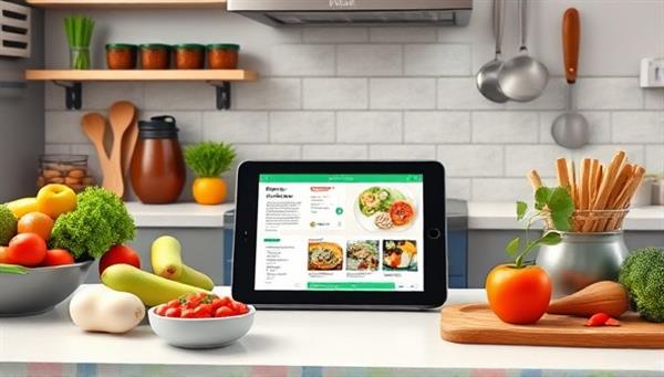 An appealing virtual kitchen scene with a variety of fresh ingredients, cooking utensils, and a digital tablet displaying a nutrition app, creating an inviting and educational cooking environment promoting healthy eating and meal planning.