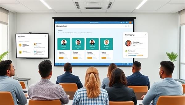 An engaging training session setting with a diverse group of government employees participating in a virtual workshop, with interactive modules, progress trackers, and skill badges displayed on the screen, illustrating continuous learning and career growth potential.