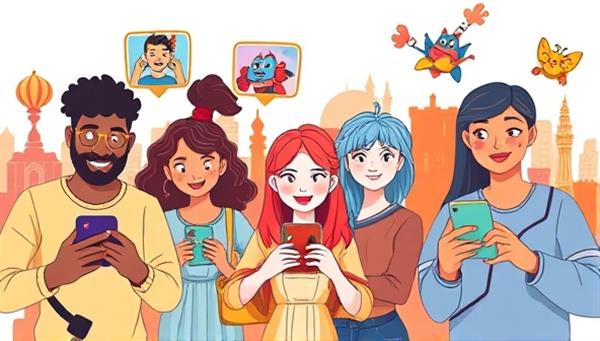 An illustration of diverse users playing interactive games featured in brand ads on their smartphones, with animated characters and engaging visuals, highlighting the fun and immersive experience of AdVenture Quest
