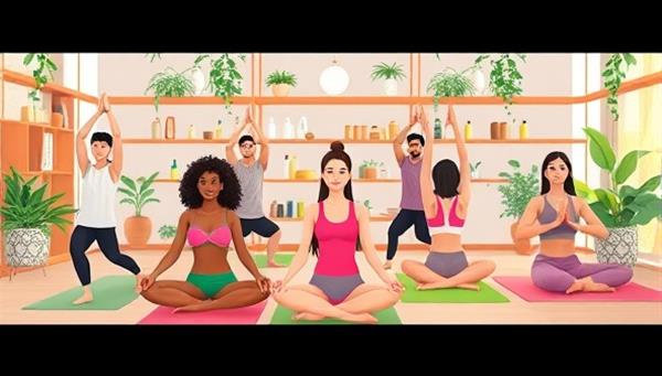 A vibrant digital illustration of a diverse group of individuals practicing yoga in a virtual class, surrounded by shelves of natural wellness products and greenery, evoking a sense of peace and harmony in a modern setting.
