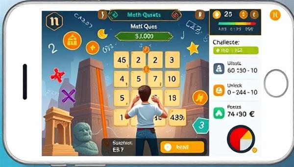 A captivating math quest scene within the app interface, showing a user solving math puzzles, unlocking achievements, and earning rewards, surrounded by mathematical symbols, challenges, and a dynamic progress tracker, creating a gamified learning environment that motivates and inspires mathematical mastery.