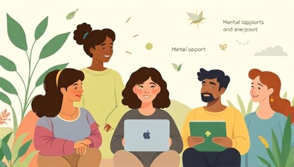 A calming digital illustration of a diverse group of individuals engaging in a virtual support session, surrounded by elements symbolizing mental well-being such as greenery, light, and positive affirmations.