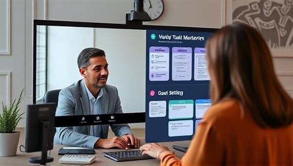 An interactive virtual mentorship session featuring a mentor providing guidance and advice to a mentee through a digital platform, with resources, tools, and goal-setting frameworks displayed on the screen, creating a supportive and growth-oriented mentorship environment.