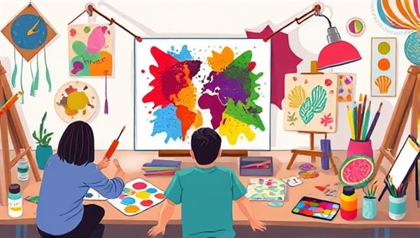 An artistic digital illustration of a virtual art jamming session where participants from around the world are painting together on a shared canvas, surrounded by colorful paint palettes, brushes, and creative decor, evoking a sense of unity and creativity.