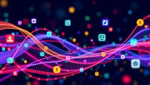 An abstract representation of colorful data streams intertwining with social media icons, symbolizing the fusion of AI technology and social networking for enhanced growth.