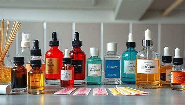 An artistic representation of a virtual perfume workshop setup, featuring colorful bottles of essential oils, droppers, scent strips, and fragrance notes arranged in a harmonious and visually appealing manner, evoking the sensory experience of perfume creation.