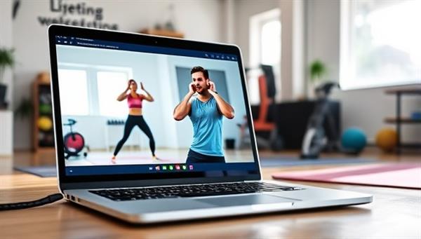 A dynamic online workout session with a virtual trainer guiding a user through exercises, displayed on a laptop screen. The background shows a bright home workout space with fitness equipment and motivational quotes on the walls.