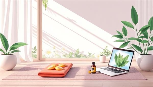 A serene digital illustration depicting a virtual wellness retreat setting with a yoga mat, healthy snacks, calming essential oils, and a laptop for live sessions, creating a tranquil and rejuvenating atmosphere for participants to unwind and recharge.