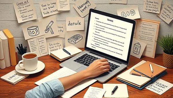 An image of a writer at a desk surrounded by humorous notes and sketches, with a laptop open to a screen displaying a comedy script and a mug of coffee, capturing the essence of creative and witty content creation for online audiences.