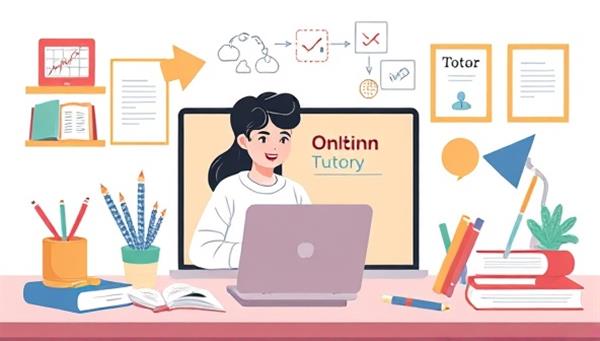 An online tutoring session illustration featuring a student and tutor engaged in a virtual lesson, surrounded by digital study resources and interactive tools, highlighting personalized learning and expert guidance in specialized subjects.