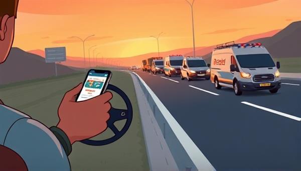 An animated image showing a driver stranded on the roadside with a smartphone in hand, tapping the Rescue Roadmate app for immediate assistance, with a fleet of service vehicles rushing to the location, highlighting the quick and reliable response of the service.