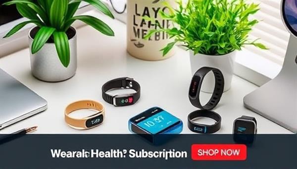 A vibrant image featuring a collection of sleek wearable health devices arranged on a modern desk, surrounded by green plants and a smartphone displaying health data, emphasizing the convenience and tech-savvy nature of the subscription service.