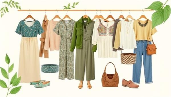 An eco-friendly fashion collage featuring sustainable clothing items, recycled accessories, and ethically produced products displayed in a virtual wardrobe, with green leaf motifs and nature-inspired elements, reflecting the platform