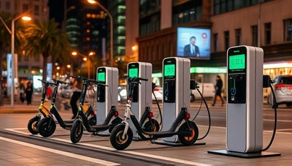 An urban setting with a row of sleek, modern charging stations for electric scooters, with vibrant city lights in the background, showcasing convenience and sustainability.