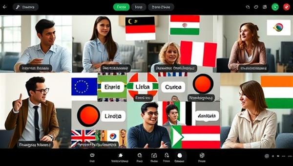 A virtual language exchange session with participants from different countries engaging in a lively conversation in multiple languages, supported by virtual language tools and interactive learning features, capturing the collaborative and diverse nature of LingoConnect