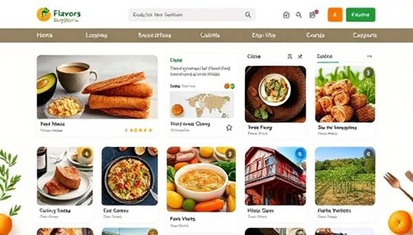 An enticing marketplace platform interface showcasing a variety of culinary experiences, from street food tours and cooking workshops to wine tastings and farm visits, enticing users to explore the diverse flavors and cultural richness available through Flavors Explorer.