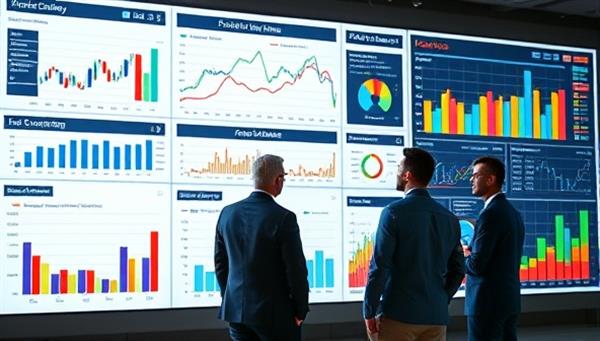 A dynamic and colorful financial dashboard displaying real-time data visualizations, interactive graphs, and predictive analytics, with business executives analyzing charts and graphs on large screens, symbolizing data-driven decision-making and financial insights.