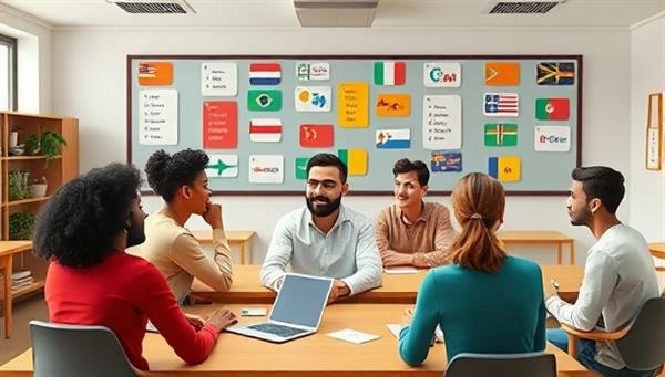 An interactive online language classroom setting with avatars representing different cultures engaging in lively conversations, symbolizing global connections and learning diversity.