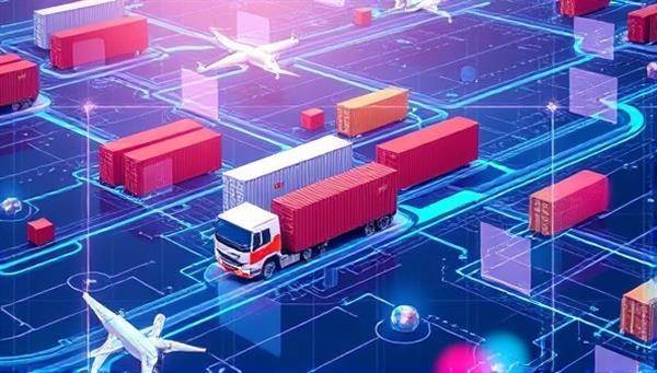 An innovative digital illustration featuring a virtual freight exchange hub with cargo containers, trucks, and planes seamlessly connecting in a digital network, symbolizing efficient logistics and global connectivity in the transportation industry.