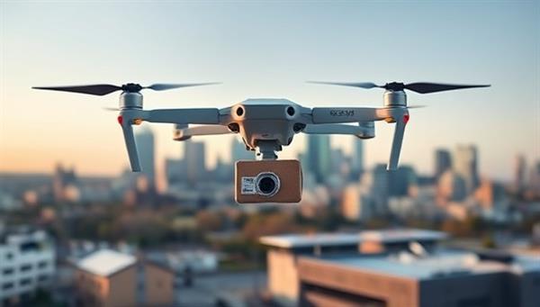 An aerial view of a drone gracefully delivering a package to a local business, with the city skyline in the background, illustrating the efficiency and innovation of the drone delivery service.