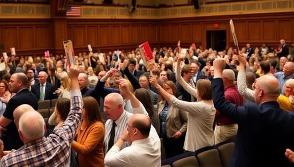 An engaging auction hall scene with bidders raising paddles, auctioneers presenting items, and a diverse audience participating in a lively bidding process, reflecting excitement and opportunity in government auctions.
