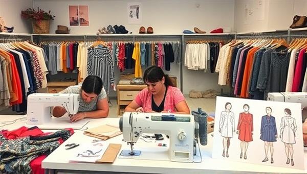 A fashion studio scene with designers working on upcycling projects, surrounded by colorful fabrics, sewing machines, and fashion sketches, illustrating the creative process of transforming pre-loved garments into stylish and sustainable fashion pieces.