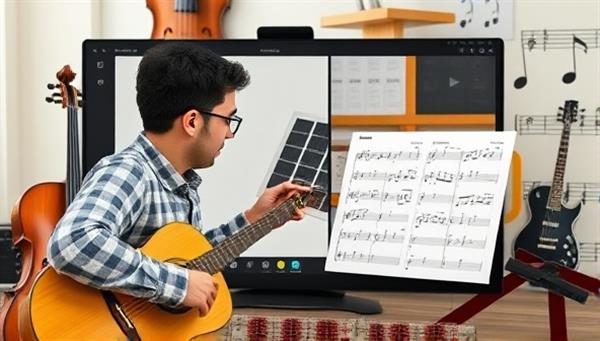 A virtual music lesson session with a music instructor teaching a student through a video call, with musical instruments, sheet music, and musical notes in the background, creating a harmonious and educational virtual music learning environment.