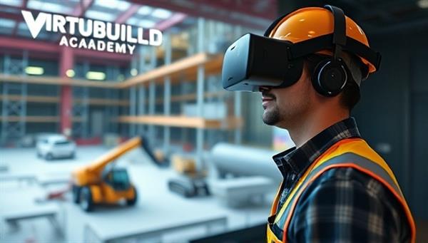 A construction worker wearing a virtual reality headset and interacting with a simulated construction site environment, practicing safety procedures and equipment operation in a realistic virtual setting, showcasing the immersive training experience of VirtuBuild Academy.