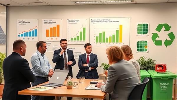An office setting with consultants discussing sustainability strategies with government officials, surrounded by charts showing energy consumption reductions, solar panels, and recycling bins, symbolizing a commitment to environmental stewardship and innovation.