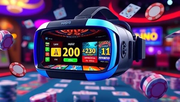 A futuristic VR headset displaying colorful casino games in a 3D virtual space, surrounded by digital chips and cards floating in the air, creating an enticing and immersive gaming atmosphere.