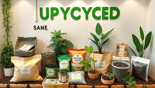 A creative display showcasing a range of upcycled products made from agricultural waste, such as compost bags, plant-based packaging, and natural fertilizers, symbolizing the transformation of waste into valuable resources in a sustainable and circular manner.