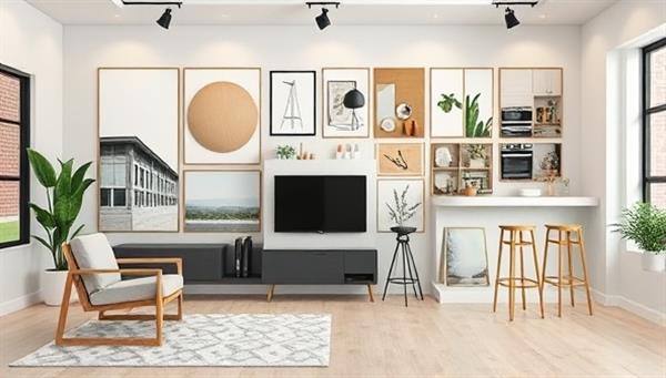 A virtual design studio setup with a stylish interior design board, renovation mood boards, and 3D renderings of home renovation projects, showcasing a blend of creativity, functionality, and virtual design solutions for modern homeowners and renovation enthusiasts.