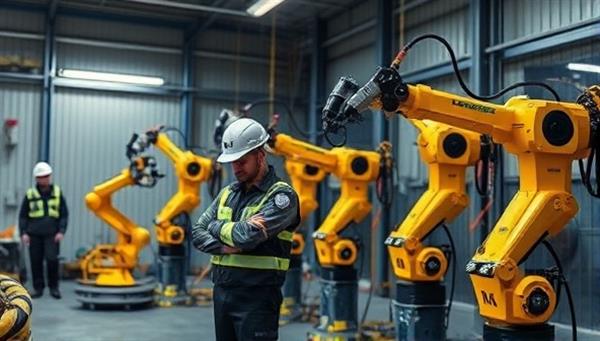 A team of technicians in specialized gear conducting maintenance checks on construction robots in a high-tech workshop, with robotic arms and sensors being calibrated and tested, ensuring optimal performance and safety compliance, showcasing the precision and expertise of RoboFix Solutions.