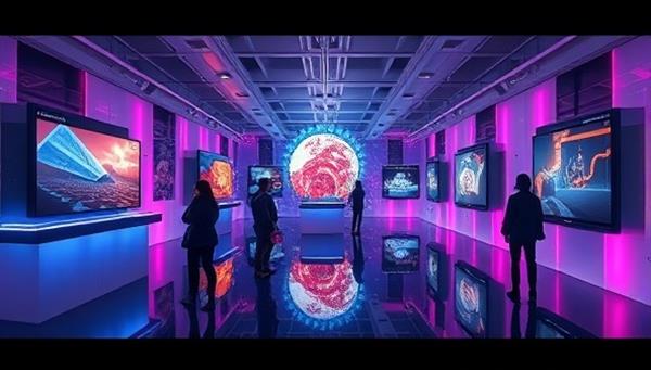 A futuristic virtual reality art gallery setting with digital art installations, interactive exhibits, and virtual avatars exploring and interacting with artworks, creating an immersive and engaging art experience on ArtVista.