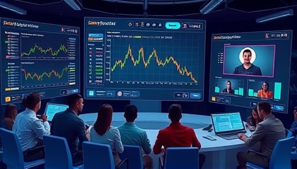 A dynamic platform interface featuring interactive crypto trading simulations, educational videos, and real-time market data, with a diverse group of users engaging in virtual discussions and learning activities, symbolizing hands-on crypto education and networking.